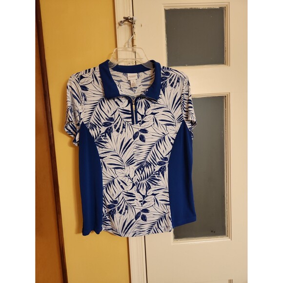 Weekends by Chico's Blue & White Blooming Palms Quarter Zip Shirt Size 1 US 8 - Picture 1 of 8